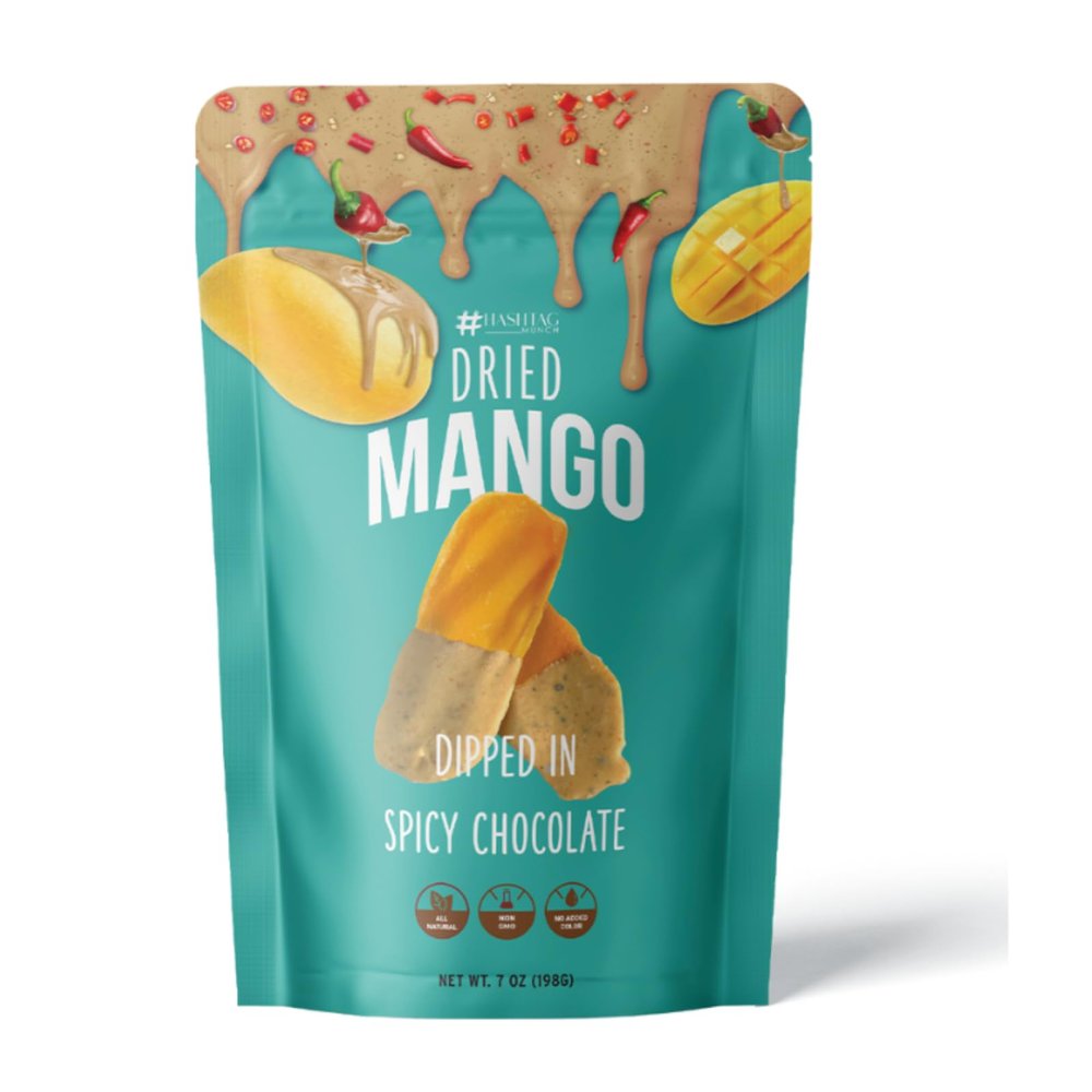 Life Plus Style Gourrmet Hashtag Munch Dried Mango Dipped in Spicy Chocolate Made with Real Fruit NON GMO Spicy Chocolate Covered Fruit Snacks for Gift 7oz Resealable Bag for Party