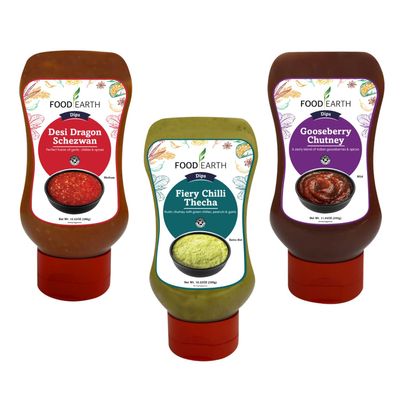 Food Earth Indian Dips & Chutneys Variety Pack Desi Dragon Schezwan, Fiery Chili Thecha & Gooseberry Chutney Vegan & Gluten-Free Indian Sauces - Pack of 3
