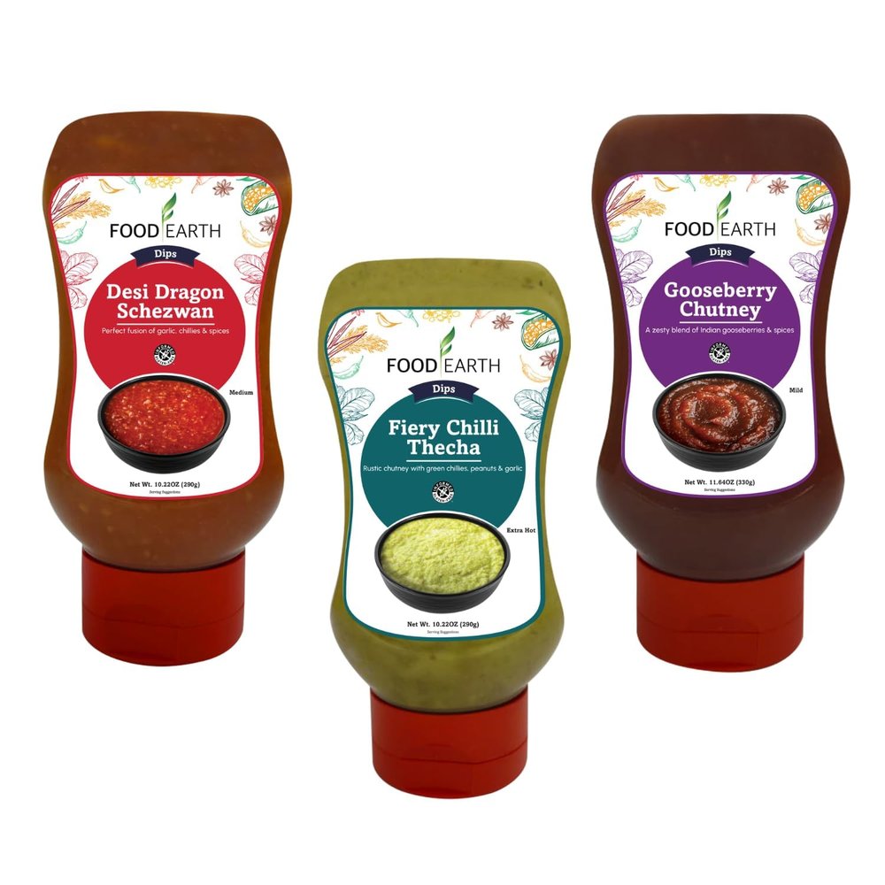 Food Earth Indian Dips & Chutneys Variety Pack Desi Dragon Schezwan, Fiery Chili Thecha & Gooseberry Chutney Vegan & Gluten-Free Indian Sauces - Pack of 3