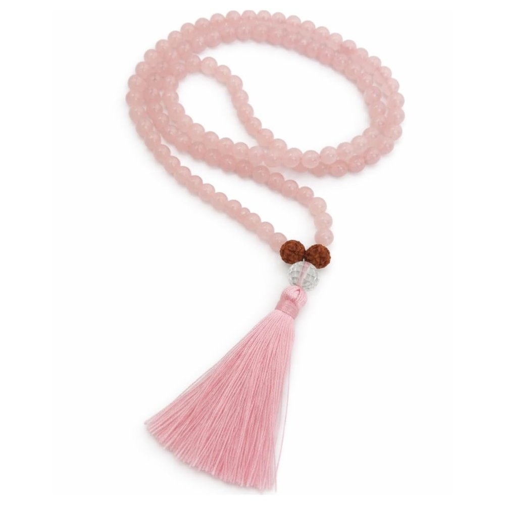 Shivkosha Rose Quartz Japa Mala 108+1 Beads with 2 Rudraksha & Clear Quartz as Guru Bead Included Natural Crystal Meditation Mala for Love, Emotional Healing, Mantra Chanting & Yoga Practice |
