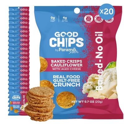 Baked Cauliflower & Aged Cheese Crisps by GOOD CHIPS! Oil-Free, High Protein, Guilt-Free Healthy Snack 0.7 oz bags - Pack of 20