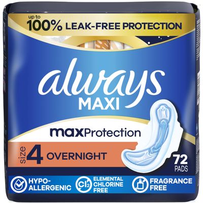 Always Maxi Overnight Feminine Pads with Wings for Women, Size 4, Overnight Absorbency, Unscented, Up to 100% Leak-Free Protection, 72 Count