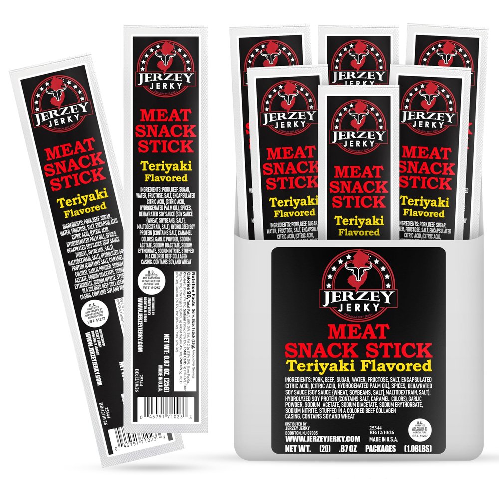 Jerzey Jerky Grass Fed Beef Sticks Teriyaki (20-Pack) Zero Sugar, High-Protein Keto-Friendly Beef Jerky Sticks with Clean Ingredients Everyday Meat Snacks for On-the-Go Energy
