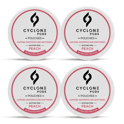 CYCLONE PODS Peach Caffeine Pouches 50mg (Pack of 4) | Juicy Peach Energy Pouches | Clean Energy with Nootropic Pouches | Sugar-Free, Caffeinated Pouches