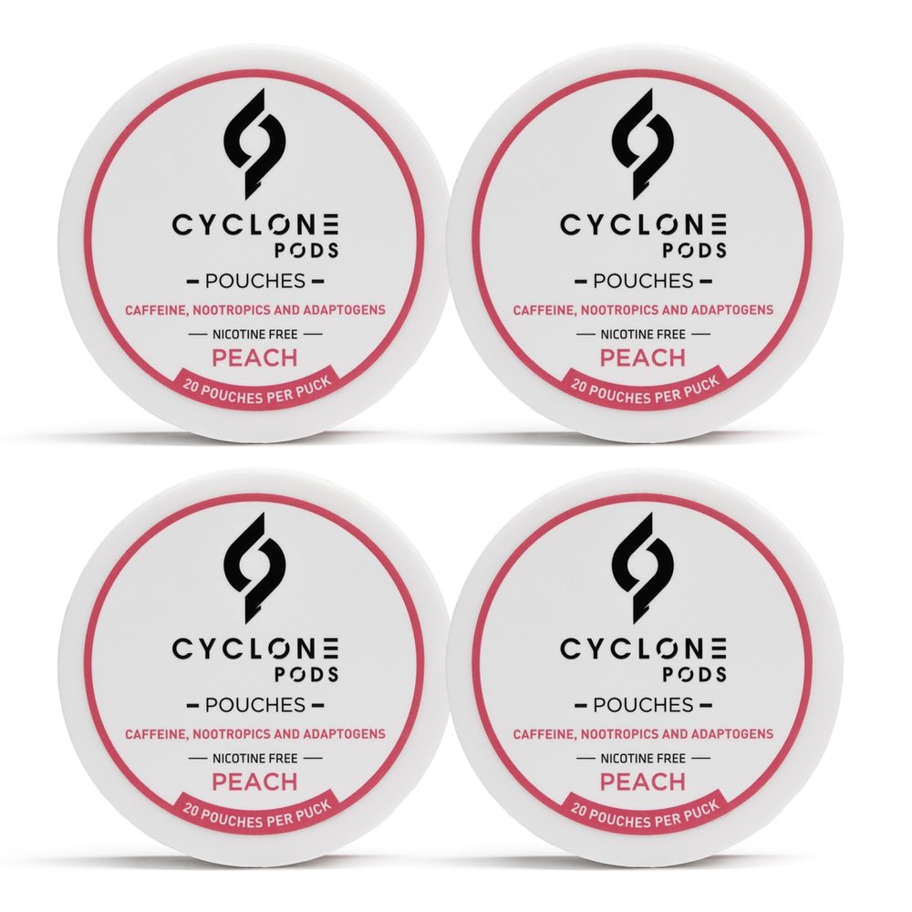 CYCLONE PODS Peach Caffeine Pouches 50mg (Pack of 4) | Juicy Peach Energy Pouches | Clean Energy with Nootropic Pouches | Sugar-Free, Caffeinated Pouches