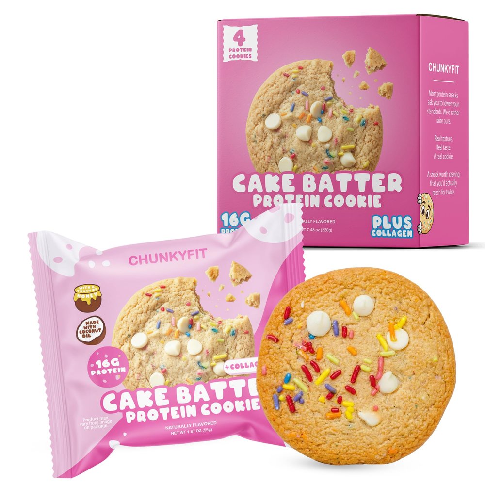 CHUNKYFIT Cake Batter Protein Cookie - Made with Coconut Oil, Collagen, 16g Protein, a Touch of Honey, Soft Baked Balanced Snack, Good for Post Workout Recovery - 1.87 OZ - 4 Pack