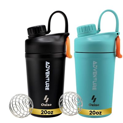 Ozizo 2 Pack Stainless Steel Insulated Protein Shaker Bottle, 20oz Leak Proof Shaker Cup for Protein Mixes with Wire Whisk Ball, Black and Blue