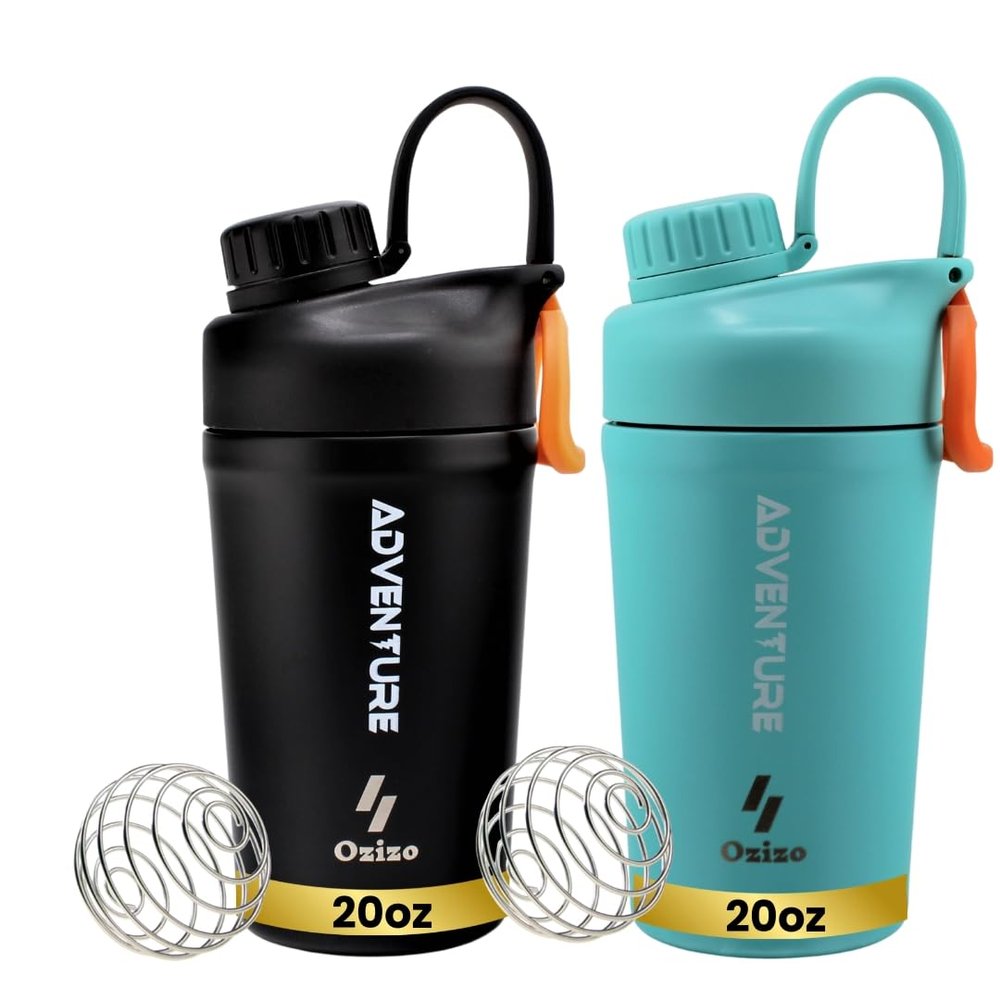 Ozizo 2 Pack Stainless Steel Insulated Protein Shaker Bottle, 20oz Leak Proof Shaker Cup for Protein Mixes with Wire Whisk Ball, Black and Blue