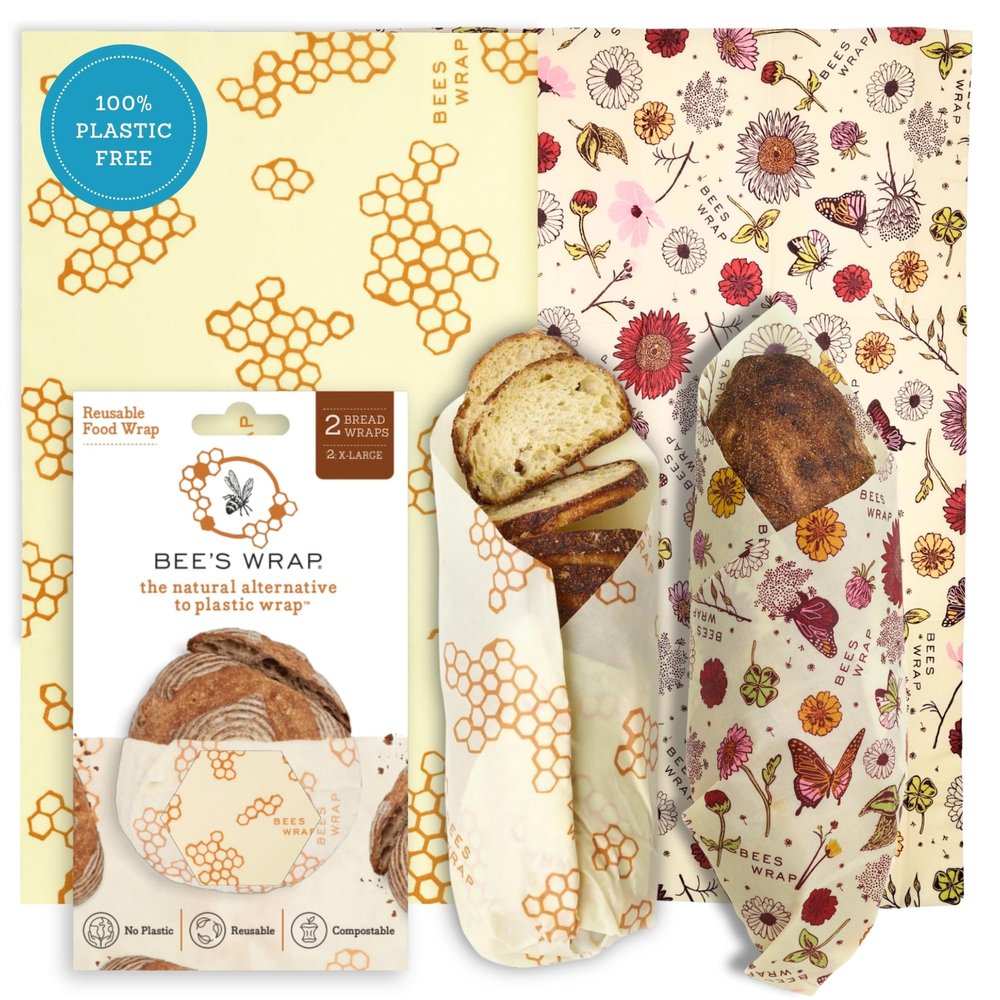 Bee's Wrap Beeswax Wraps for Food - Pack of 2 Bread Wraps - Meadow Magic & Honeycomb - Plastic Free Made in USA Reusable Bread Storage Bags - Organic & Sustainable Sourdough Bags