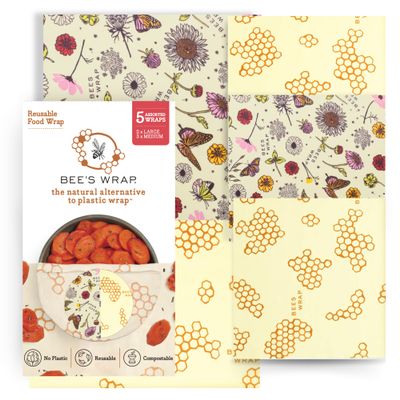 Bee's Wrap Beeswax Wraps for Food - Pack of 5 Assorted Wraps - 3 Medium & 2 Large Food Storage Bags - Meadow Magic & Honeycomb - Plastic Free Made in USA Reusable Kitchen Storage Bags