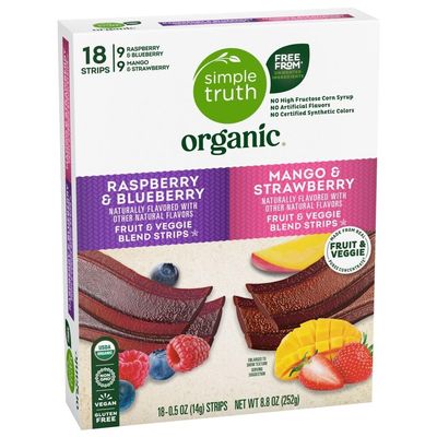 Simple Truth Organic Fruit Strip Variety Pack, 18 Count, Raspberry & Blueberry, Mango & Strawberry, Vegan, Gluten-Free, 0.5 oz Strips