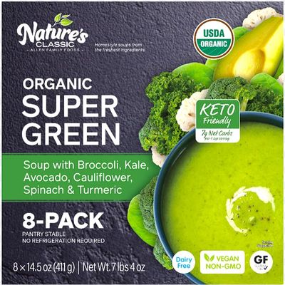 Allen Family Organic Keto Super Green Soup 116 oz Low Carb, 7g Net Carbs, Vegan, Dairy Free, Gluten Free, Broccoli Kale Cauliflower Avocado Spinach, Ready to Eat Microwave Soup, 8 Pack (14.5 oz Each)