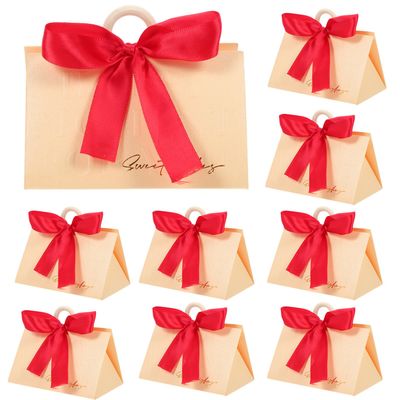 OSALADI 10 Sets Wedding Candy Boxes Party Favor Bags with Wine Red Ribbon White Triangle Packaging Boxes for Bridesmaids and Wedding Sweets