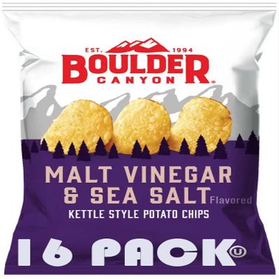 Boulder Canyon Malt Vinegar & Sea Salt Kettle Style Potato Chips | 1.5 Ounce Individual Bags | 16 Pack | Gluten Free | Bundled by SUPERDEALS with Mystery Bonus Gift