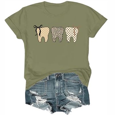 Dental Shirt Dental T-Shirt for Women Teeth Shirt Bow Graphic V-Neck Green