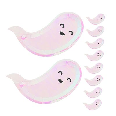 ERINGOGO Halloween Ghost Shaped Paper Plates 24pcs Set Lightweight Disposable Party Plates Iridescent Film for Halloween Family and Birthday Celebrations