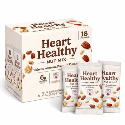 Heart Healthy Nut Mix, 18 Pack Snack Pouches Walnuts, Almonds, Pecans & Pistachios High Protein (6g), Fiber (4g), On-the-Go Healthy Snack, Office, Kids Lunch, Gym, Bulk Pack