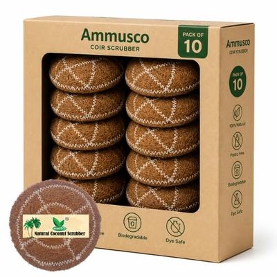 AMMUSCO Natural Coconut Fiber Scrub Pad Pack of 12 4 Inch (10cm) Extra Thick 10mm Round Coir Scouring Pads | Heavy Duty Eco-Friendly Kitchen Cleaning Scrubber | Biodegradable & Plastic-Free