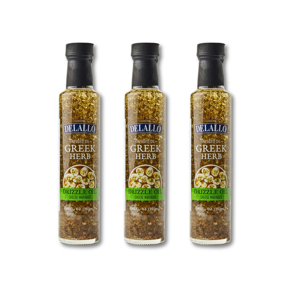 DeLallo Greek Herb Drizzle Oil, Made with Garlic and Red Wine Vinegar, Condiment for Salads, Pizza, Sandwiches, Non-GMO, Gluten Free, 8.45 oz Bottle, (3 Pack)