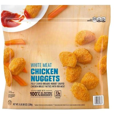 Frozen All Natural White Meat Chicken Nuggets , These chicken nuggets are made with all natural white meat chicken with no artificial ingredients, then breaded and seasoned to perfection. With 12 grams of protein and 0 grams of trans fat per serving,