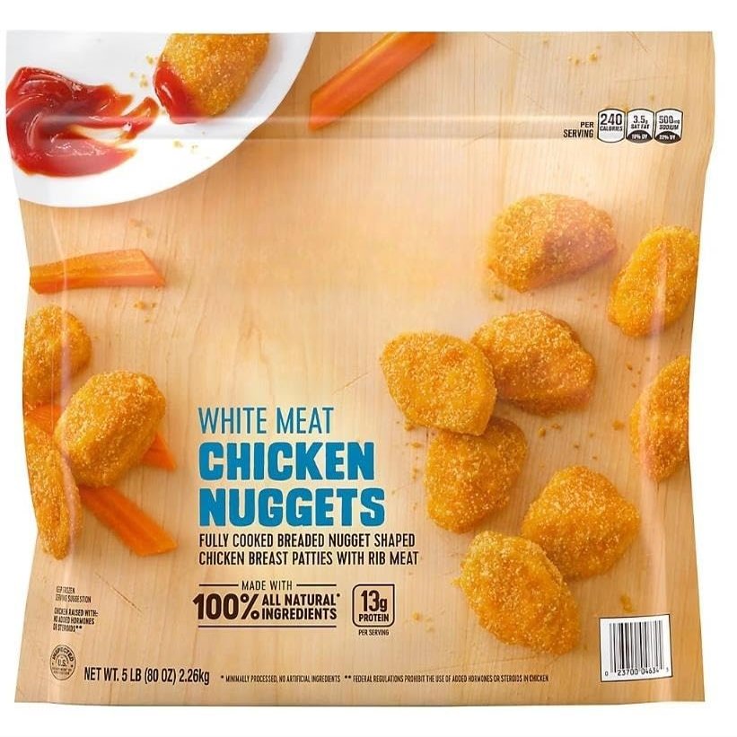 Frozen All Natural White Meat Chicken Nuggets , These chicken nuggets are made with all natural white meat chicken with no artificial ingredients, then breaded and seasoned to perfection. With 12 grams of protein and 0 grams of trans fat per serving,