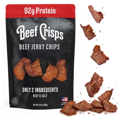 Beef Crisps by Bingeworthy Snacks - Crispy Beef Chips, Ultra High Protein, 92g Protein per bag, 2 Ingredients (Beef & Salt), 0g Sugar, 0g Carbs, Keto Paleo Carnivore, Baked Not Fried, Made in USA, 4.2 oz