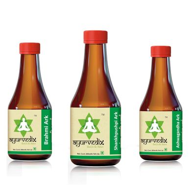 ayurvedix Brain & Stress Support Ark Combo Brahmi, Shankhpushpi & Ashwagandha | Memory & Focus Support | Herbal hydrosol | Pack of 3
