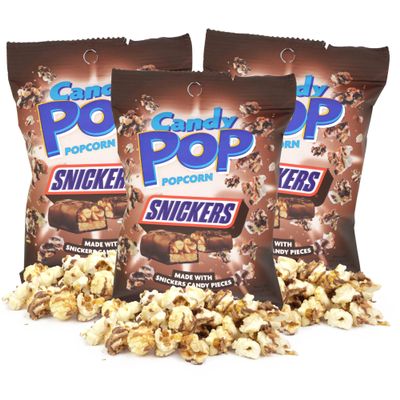 Candy Pop Popcorn, Sweet and Savory Treat with Candy Pieces, Movie Night Snack, 1 Ounces Each (Pack of 3) (Snickers)