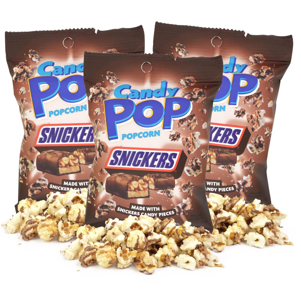 Candy Pop Popcorn, Sweet and Savory Treat with Candy Pieces, Movie Night Snack, 1 Ounces Each (Pack of 3) (Snickers)