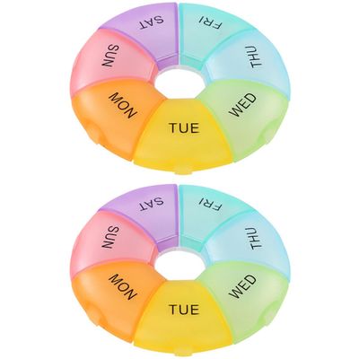 CHICAMPERA 2pcs Weekly Pill Organizer with 7 Colorful Compartments, Portable Mini Medicine Case for Travel, Outdoor Use, and Daily Vitamin Storage