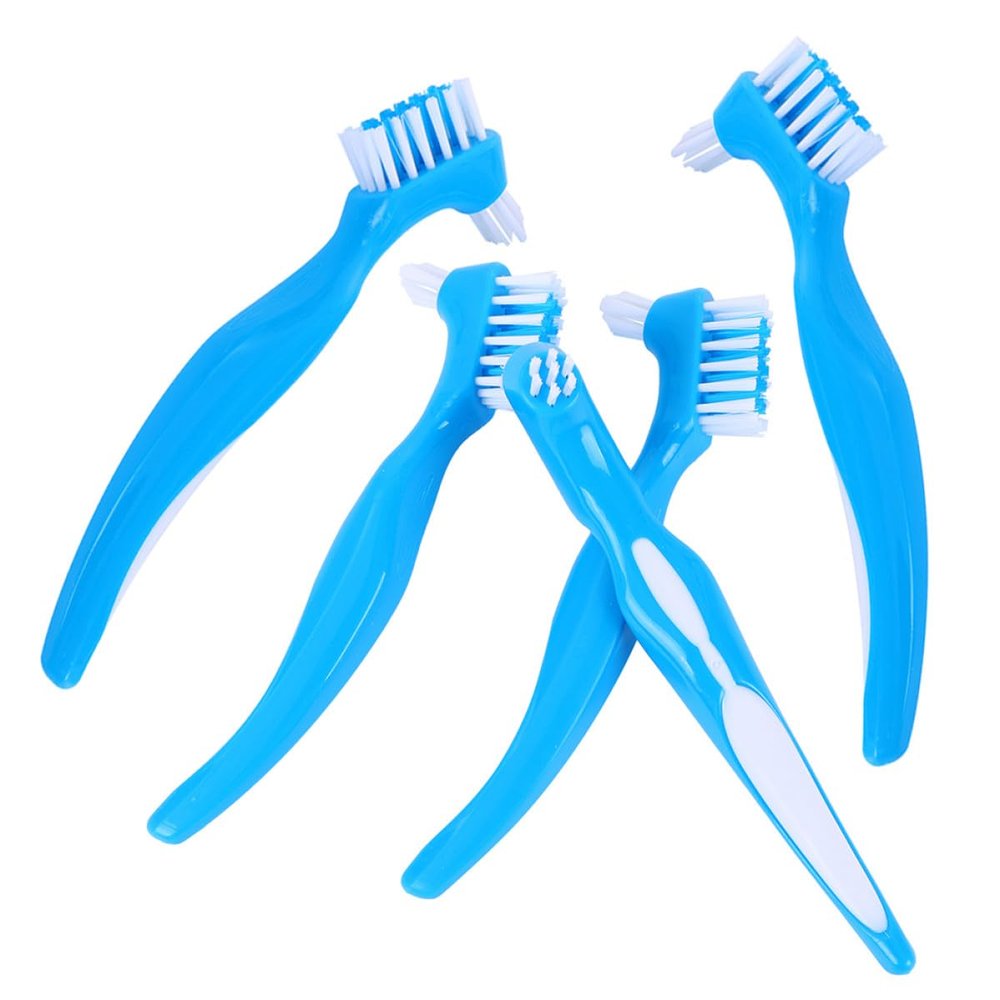 CLISPEED Denture Brush Dual-Head Toothbrush 5pcs Blue Household Portable False Teeth Cleaning Brush for Denture Care and Oral Hygiene at Home