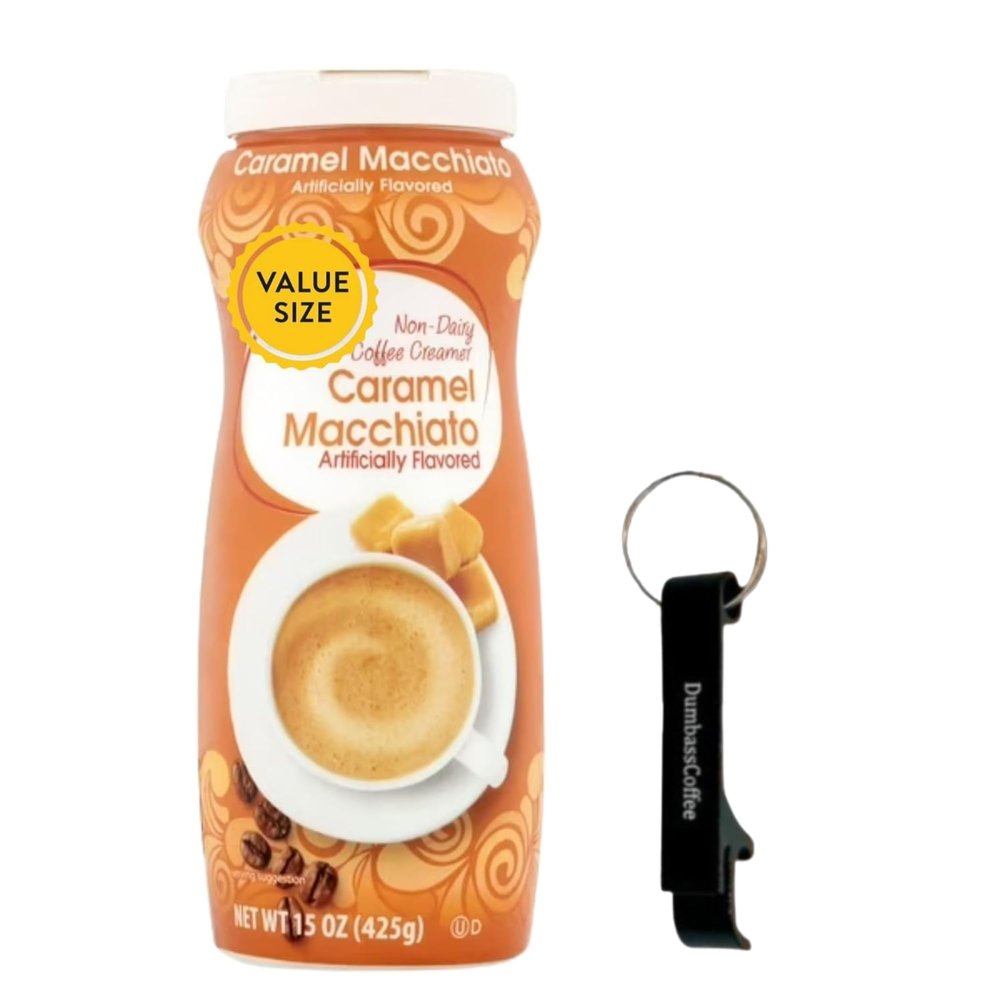 Powdered Coffee Creamer Single Pack, 15 oz with Dumbass Coffee Bottle Opener Keychain (Caramel Macchiato) Keychain
