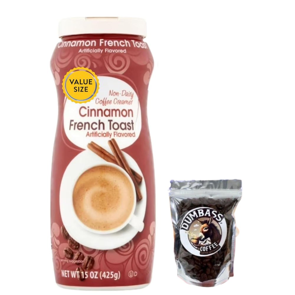 Powdered Coffee Creamer Single Pack, 15 oz with Dumbass Coffee Whole CoffeeBean Medium/Dark 1 oz (Cinnamon French Toast) Coffee
