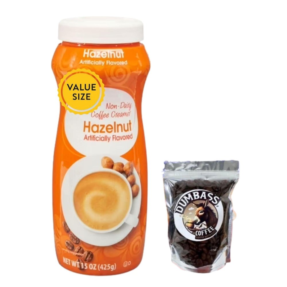 Powdered Coffee Creamer Single Pack, 15 oz with Dumbass Coffee Whole CoffeeBean Medium/Dark 1 oz (Hazelnut) Coffee