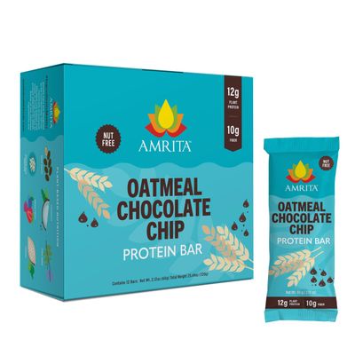 Amrita Nut Free Oatmeal Chocolate Chip Vegan Protein Bars (12 Count) | 12g Plant-Based Protein Bar | Peanut Free, Gluten Free, Dairy Free | Low Sugar, High Fiber, School Safe