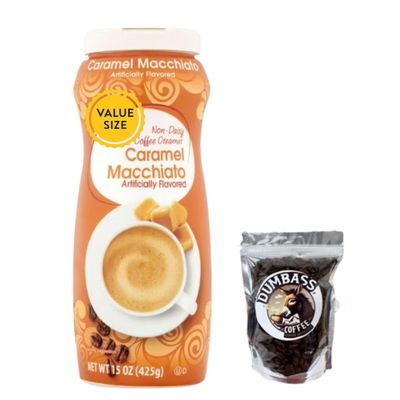 Powdered Coffee Creamer Single Pack, 15 oz with Dumbass Coffee Whole CoffeeBean Medium/Dark 1 oz (Caramel Macchiato) Coffee