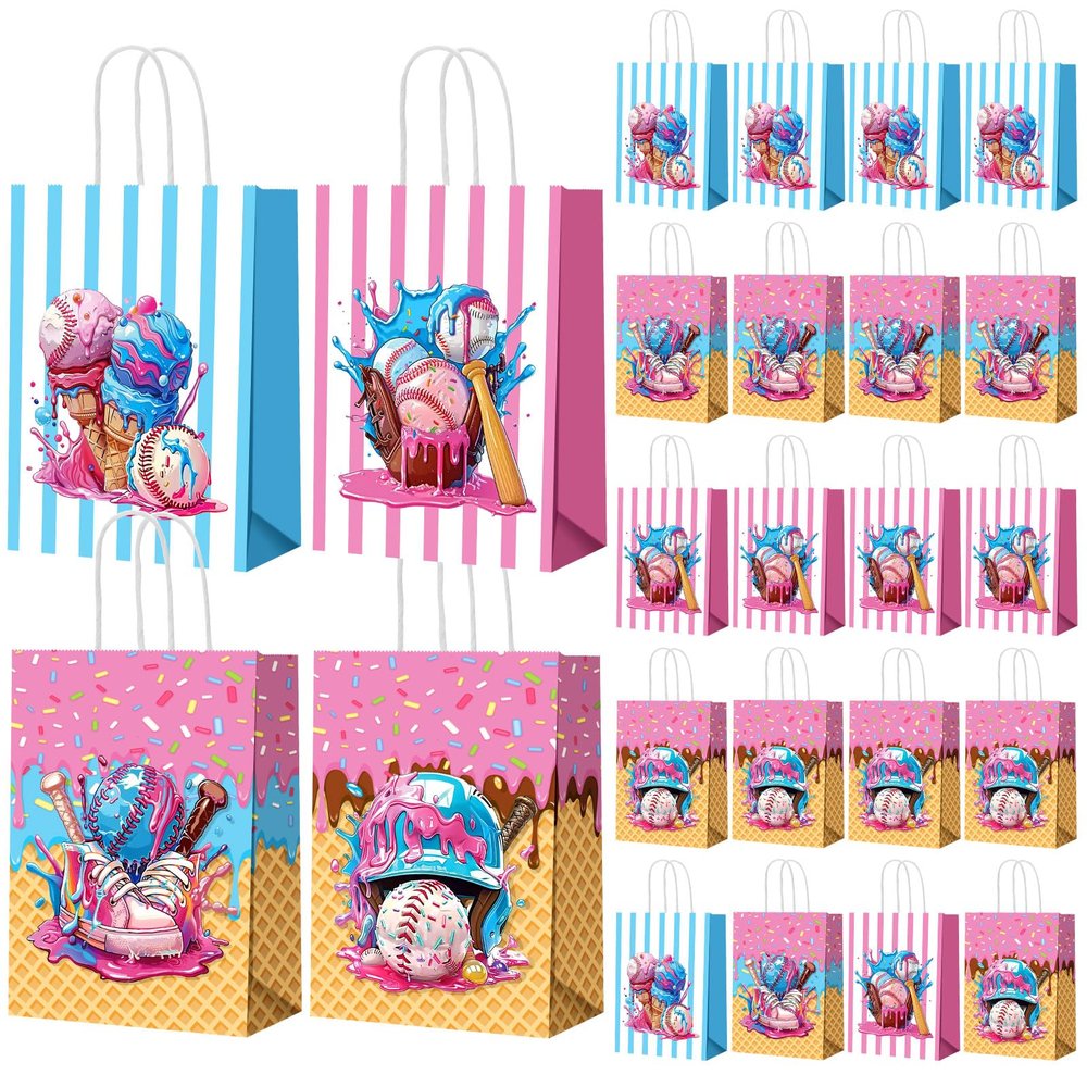 FunooFuno 48 Pcs Ice Cream Drip Baseball Party Favor Bags with Handles Baseball Drip Paper Gift Goodie Snack Treat Bags for Team Sports Birthday Party Decorations