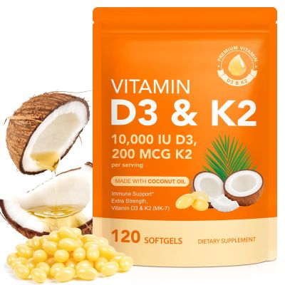 MXCZBSM Vitamin D3 K2 Supplement Softgel, D3 K2 Vitamin 10000 IU Supports Immune, Heart, Teeth & Bone Health, Easy to Swallow & Non-GMO, 120 Softgels