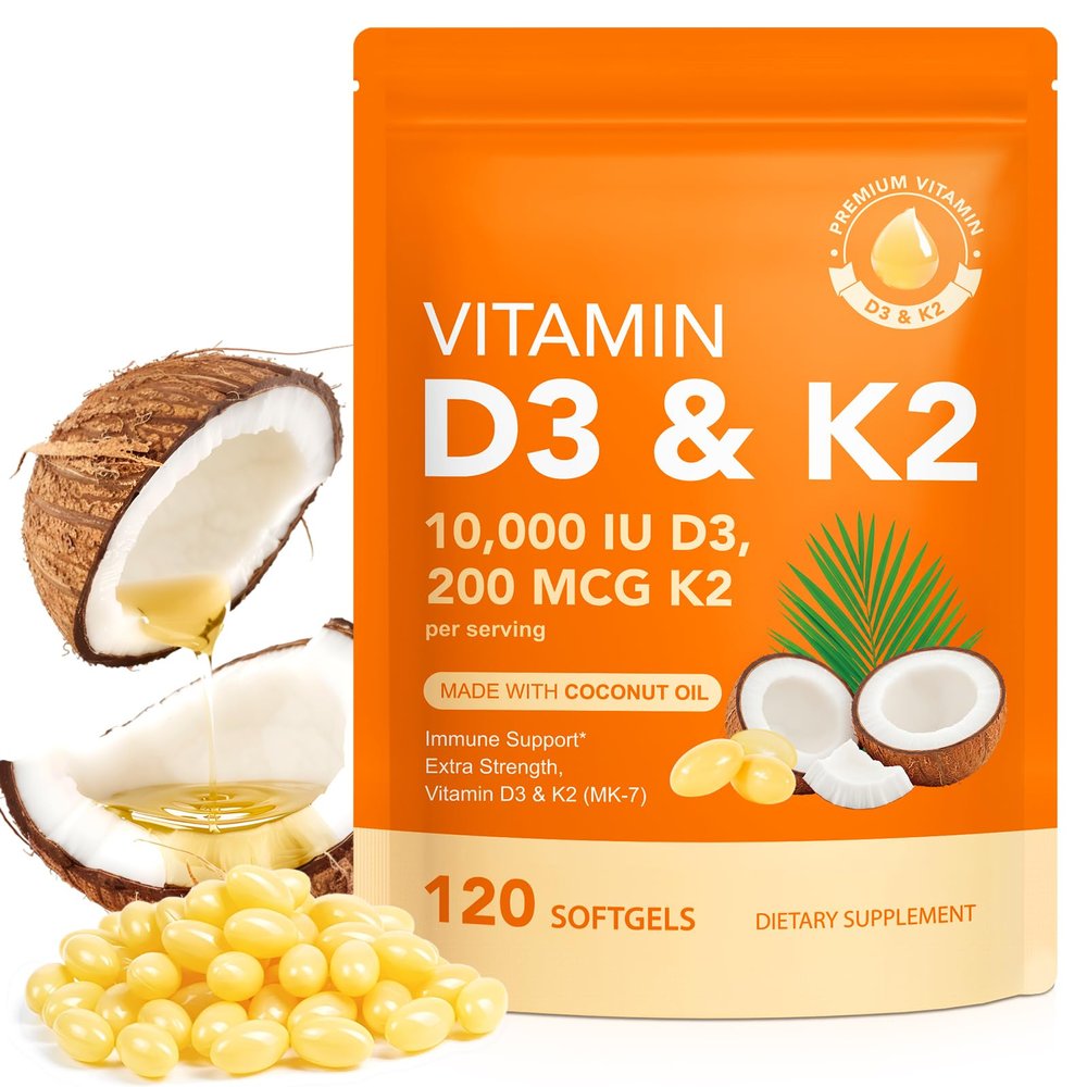 MXCZBSM Vitamin D3 K2 Supplement Softgel, D3 K2 Vitamin 10000 IU Supports Immune, Heart, Teeth & Bone Health, Easy to Swallow & Non-GMO, 120 Softgels