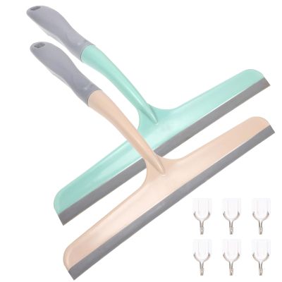 HEANUJJ Bathroom Glass Squeegee and Shower Door Squeegee 4pcs (2 Blue + 2 Beige) with 24pcs Adhesive Hook Set for Shower Window Cleaning and Bathroom Surface Maintenance