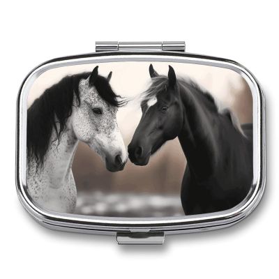 Metal Pill Organizer 2 Compartment Travel Pill Case with Mirror Waterproof & Leak-Proof Black and White Horses Pill Boxes for Daily Meds Vitamins Supplements Fits in Purse Pocket Bag