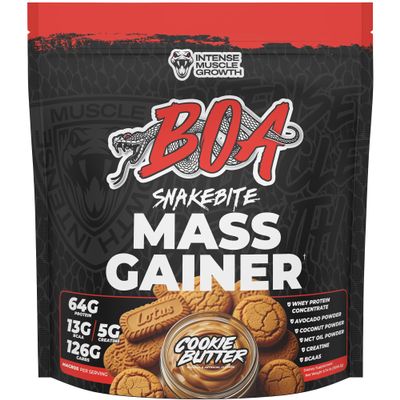 BOA Snakebite Mass Gainer Powder 64g Protein, 126g Carbs & 5g Creatine Per Serving High Calorie Weight Gainer for Muscle Growth & Recovery Chocolate, Vanilla, Cookie Butter (Cookie Butter)