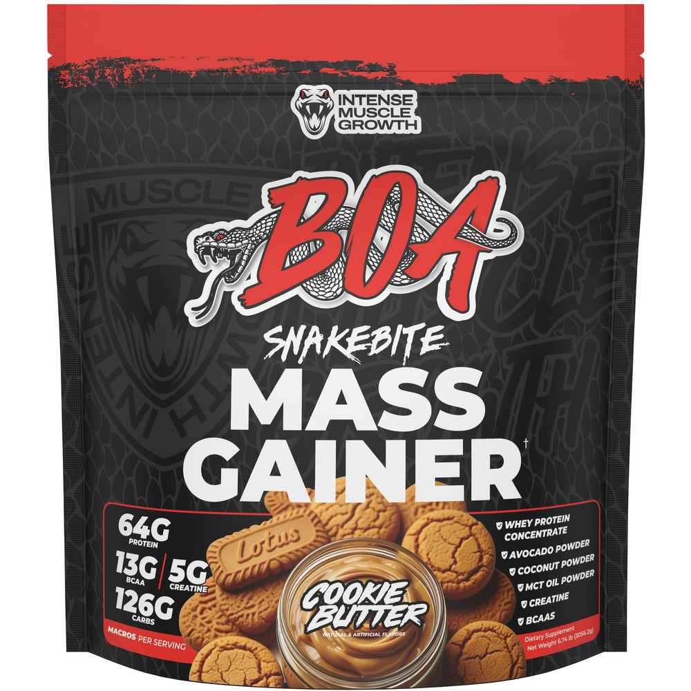 BOA Snakebite Mass Gainer Powder 64g Protein, 126g Carbs & 5g Creatine Per Serving High Calorie Weight Gainer for Muscle Growth & Recovery Chocolate, Vanilla, Cookie Butter (Cookie Butter)