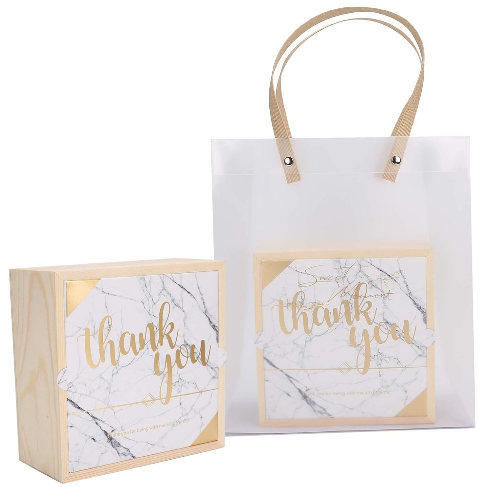 2 Set Wedding Wooden Gift Box with PVC Transparent Matte Candy Packaging Bag, Exquisite Pine Wood Jewelry Gift Box for Birthday Party Wedding Celebration (white gold marble)