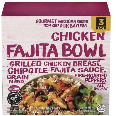 Chicken Fajita Taco Bowls are made with grilled chicken breast, chipotle fajita sauce, a grain blend, and fire roasted peppers. It's an all natural, protein packed recipe meal that's made quick in just minutes. This box contains three taco bowls. 3 P