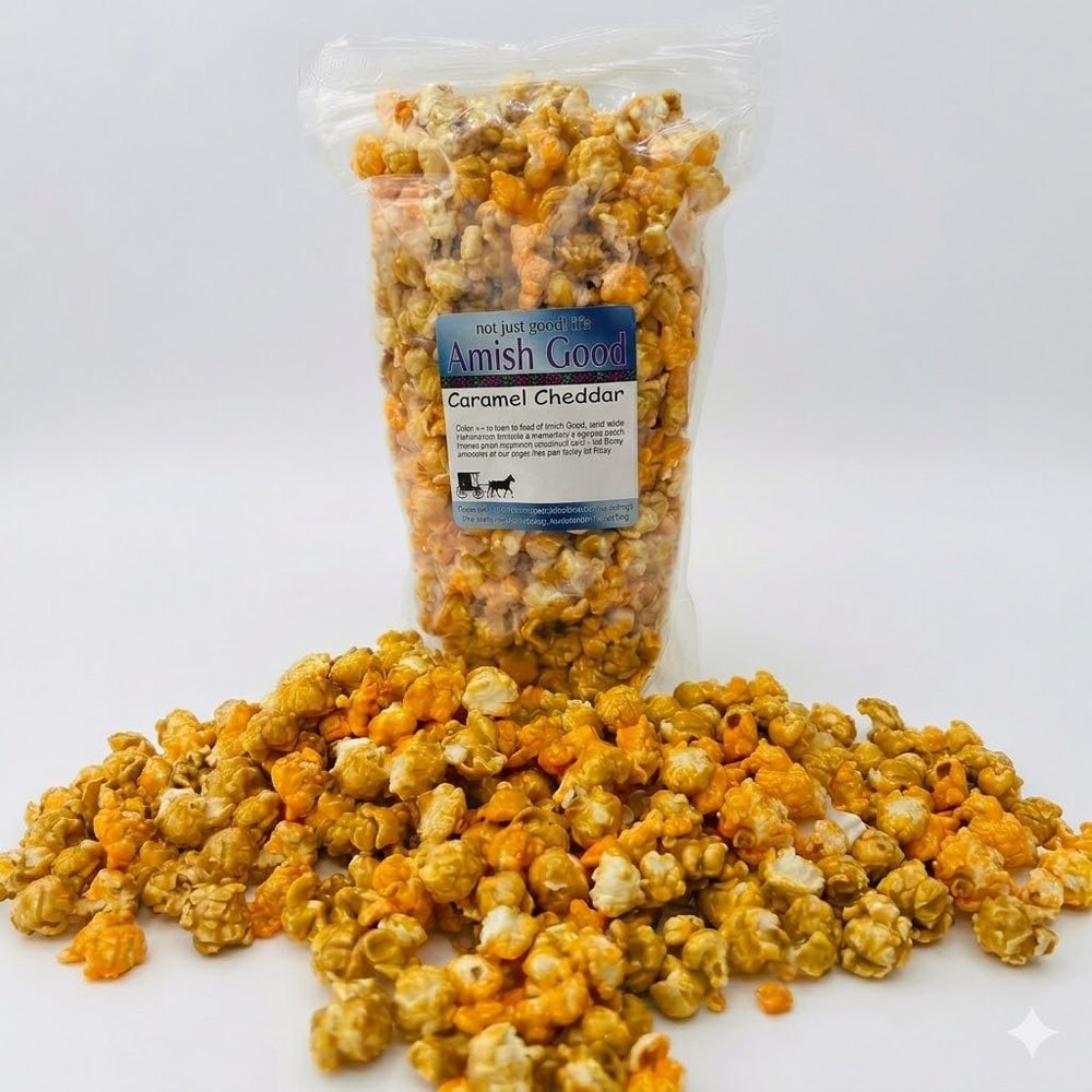 Amish Good Gourmet Caramel and Cheddar Popcorn Blend, 7 oz Sweet and Savory Nostalgic Snack in Convenient Resealable Bag.