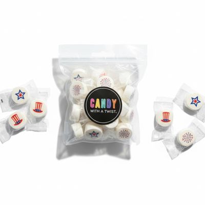 Candy With A Twist - Patriotic Marshmallows for S'mores, Semiquincentennial America 250th Birthday Party, Fireworks and Stars Theme, 8 of Each Design per Bag, Individally wrapped Vanilla marshmallows