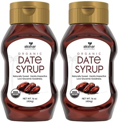 AKSHAR Ayurveda Pure Date Syrup, Organic, No Sugar Added Natural Sweetener Made from 100% USDA Raw Organic Dates Low Glycemic Index, High Fiber Alternative to Sugar, Honey, Maple Syrup (16 oz (2 Pack))