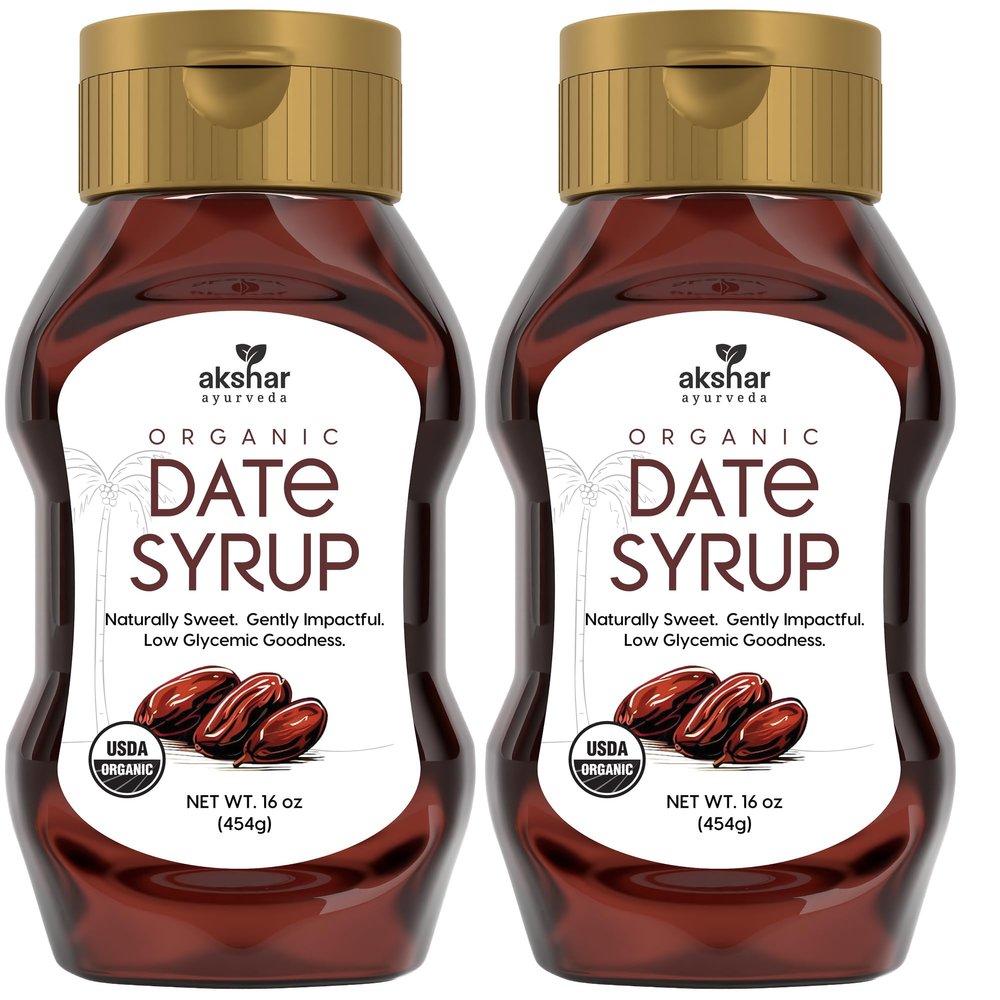 AKSHAR Ayurveda Pure Date Syrup, Organic, No Sugar Added Natural Sweetener Made from 100% USDA Raw Organic Dates Low Glycemic Index, High Fiber Alternative to Sugar, Honey, Maple Syrup (16 oz (2 Pack))