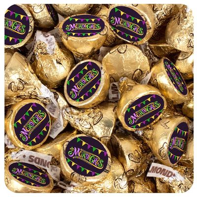 255ct Mardi Gras Gold Stickered Milk Chocolate Almond Kisses Individually Foiled Party Favors for Candy Buffets, Goodie Bags & Festive Celebration Gifts